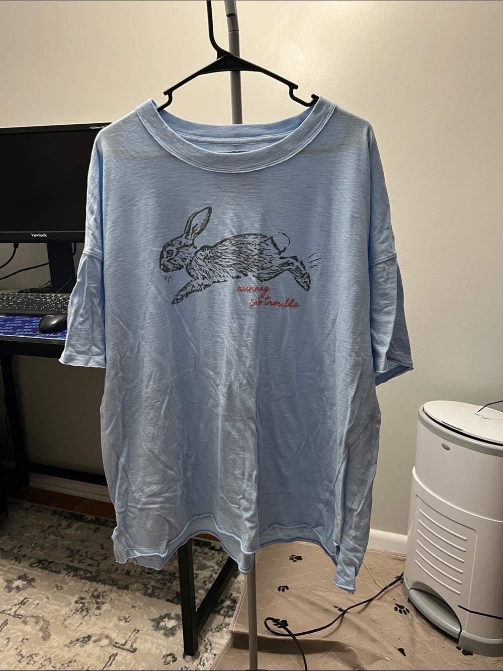 NWOT Aerie Oversized Boyfriend Light Blue Rabbit Graphic Tee